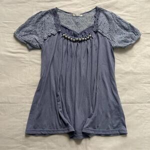 Axes Femme baby blue short sleeve top with pearl bib details Size medium